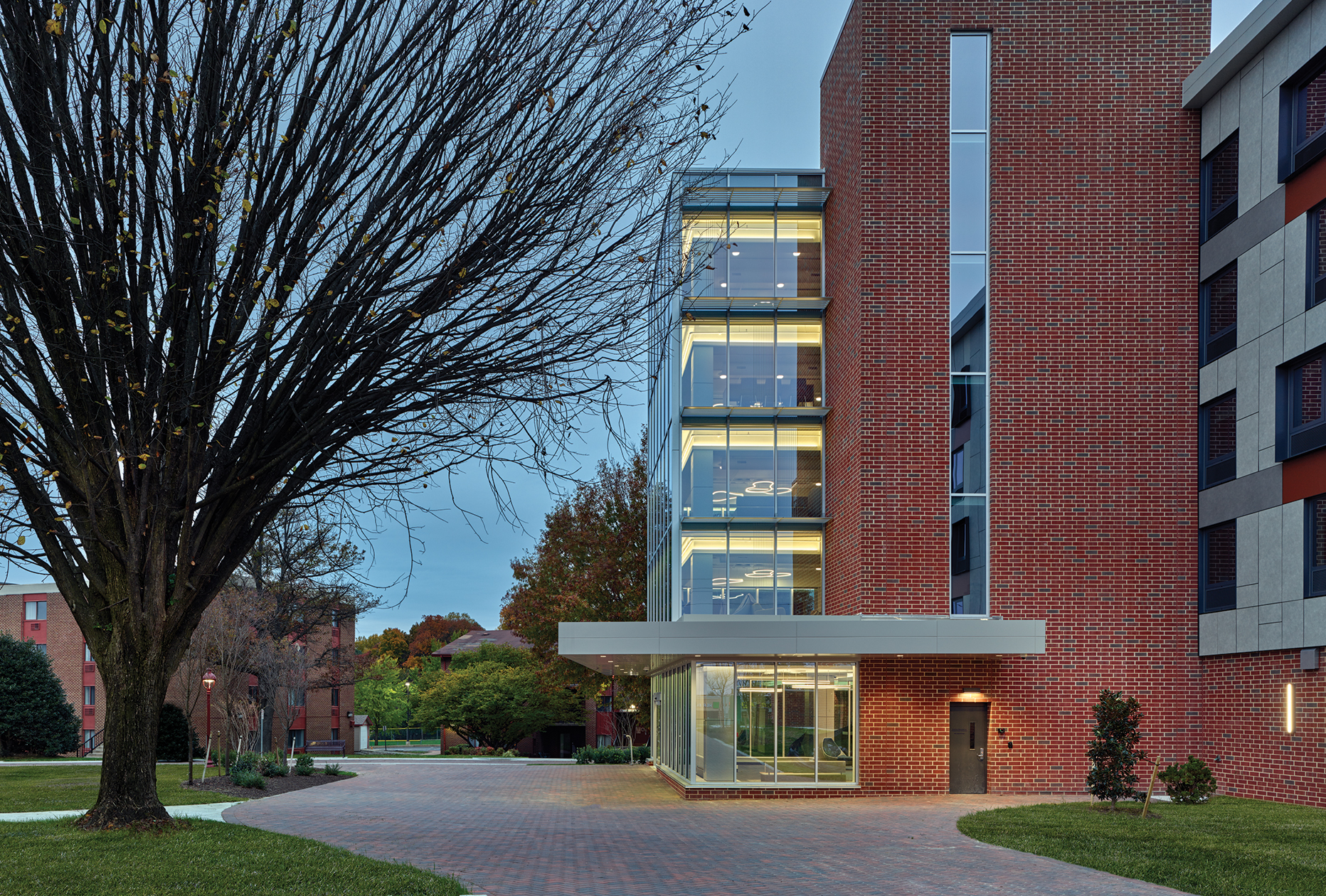 Blackney Hayes Goldey Beacom College Franta Residence Hall Exterior View Detail at Dusk