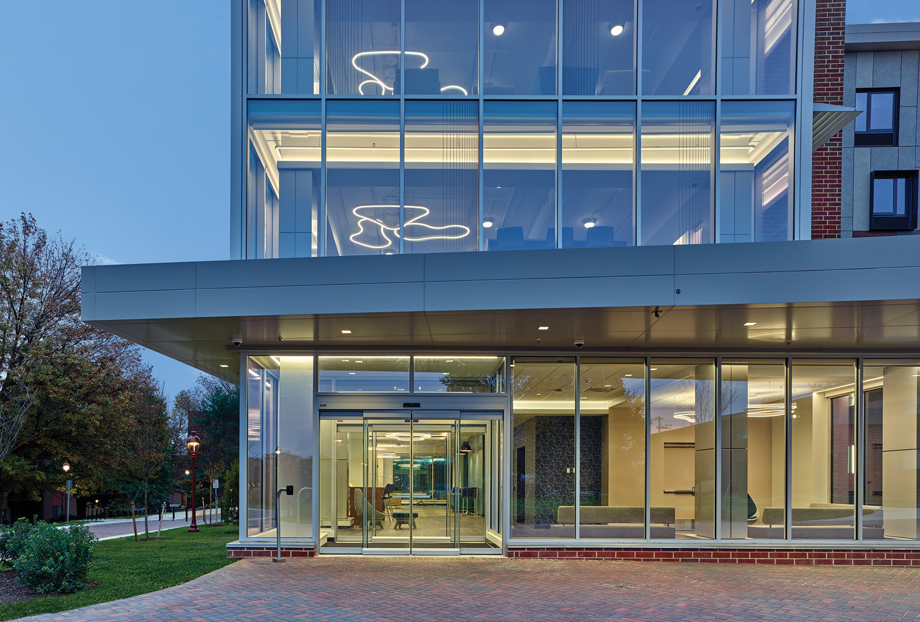 Blackney Hayes Goldey-Beacom College Franta Residence Hall Exterior View at Entrance at Dusk